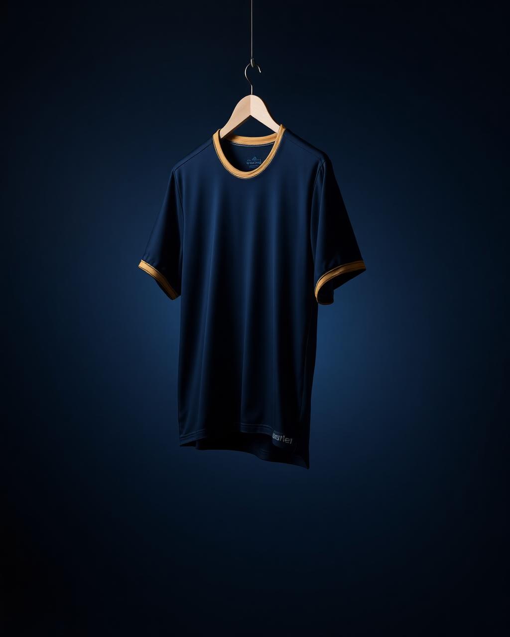 Premium navy football jersey with gold trim hanging in editorial lighting